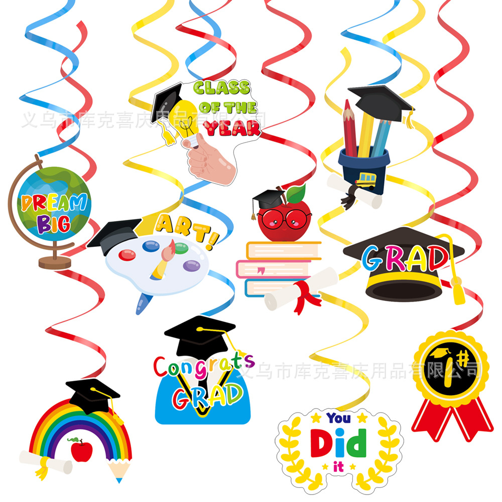 Nuevo jardín de infantes graduación ceremonia decoración diseño graduación temporada plato de papel taza de papel espiral tire bandera partido decoración traje