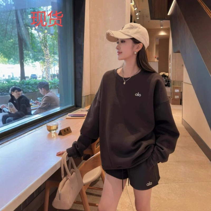 Alo2025 весенняя махровая толстовка с логотипом и круглым вырезом, свободная пара с длинными рукавами, однотонная, простой стиль, универсальный йога