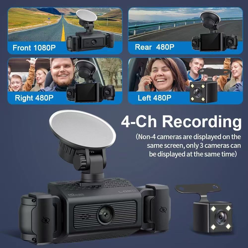 Four-lens dashcam with front and rear dual recording + four-way HD night vision for left and right blind spots, and app connectivity for reverse image display