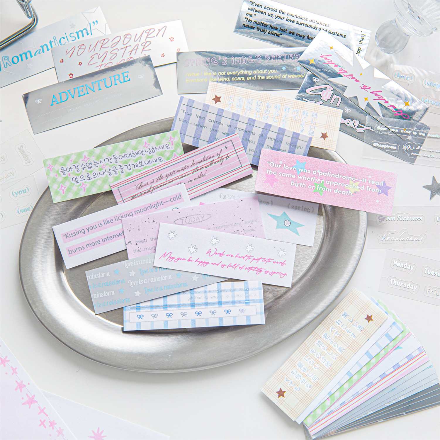 Sugar Poetry Material mixto Pegatinas plateadas en caliente Serie de confesiones plateadas Cute Korean Handscart Diy Pegatinas largas