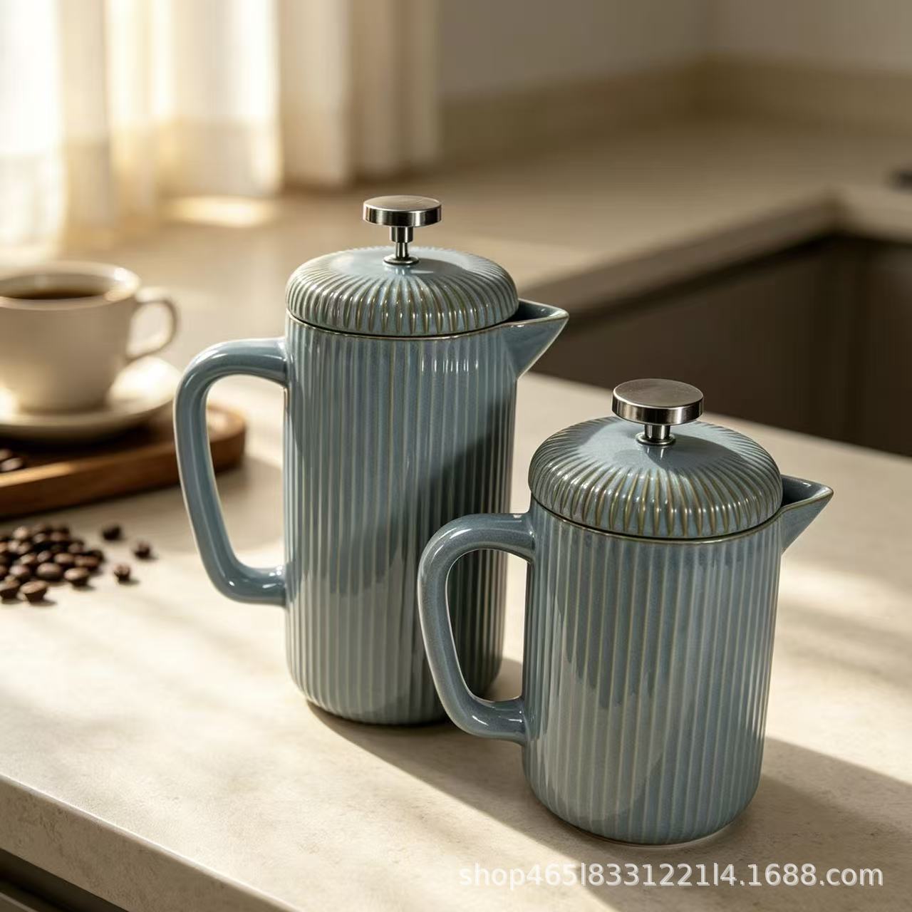 Ceramic haze blue French press coffee pot, hand-brew coffee pot, moka pot, high aesthetic value tea pot, filter press pot, high temperature resistant