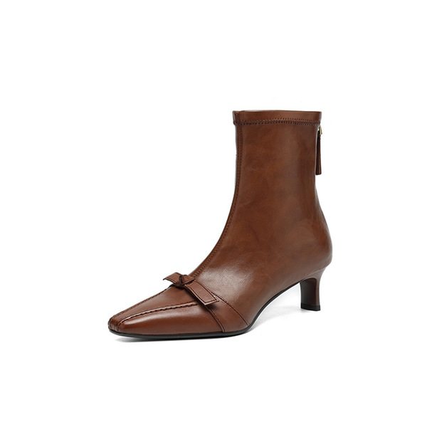Retro leather elastic low boots square toe stiletto heels with bow