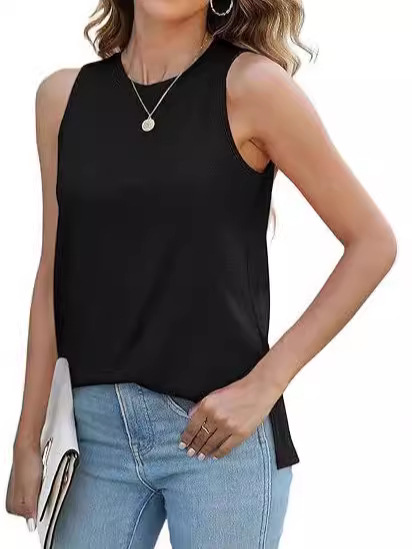 Transfronterizo 2024 nuevo estilo comercio exterior europeo y americano casual imitación algodón suelto color sólido chaleco sin mangas cuello redondo apertura lateral top femenino image 2
