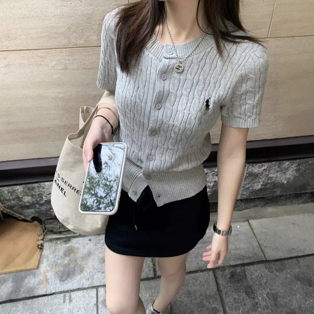 RL拉夫针织麻花开衫短袖夏季小马刺绣毛衣半袖修身经典百搭时尚