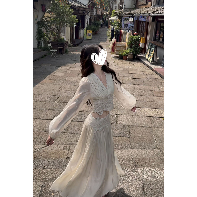 韩系镂空套头女纯欲气质宽松休闲显瘦长袖上衣半身裙两件套装|undefined