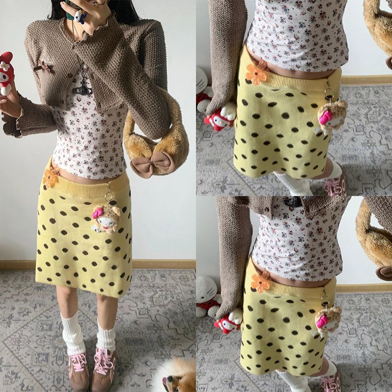 Vintage Polka Dot Commuter Women's A-Line Versatile Knit Skirt American Style High-Waisted Slimming Skirt