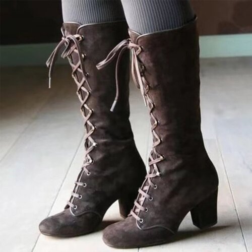 Women's Over-the-Knee Bandage Ankle Boots with Color-Removed Effect, Fall/Winter Square Heel, European and American Style Women's Boots