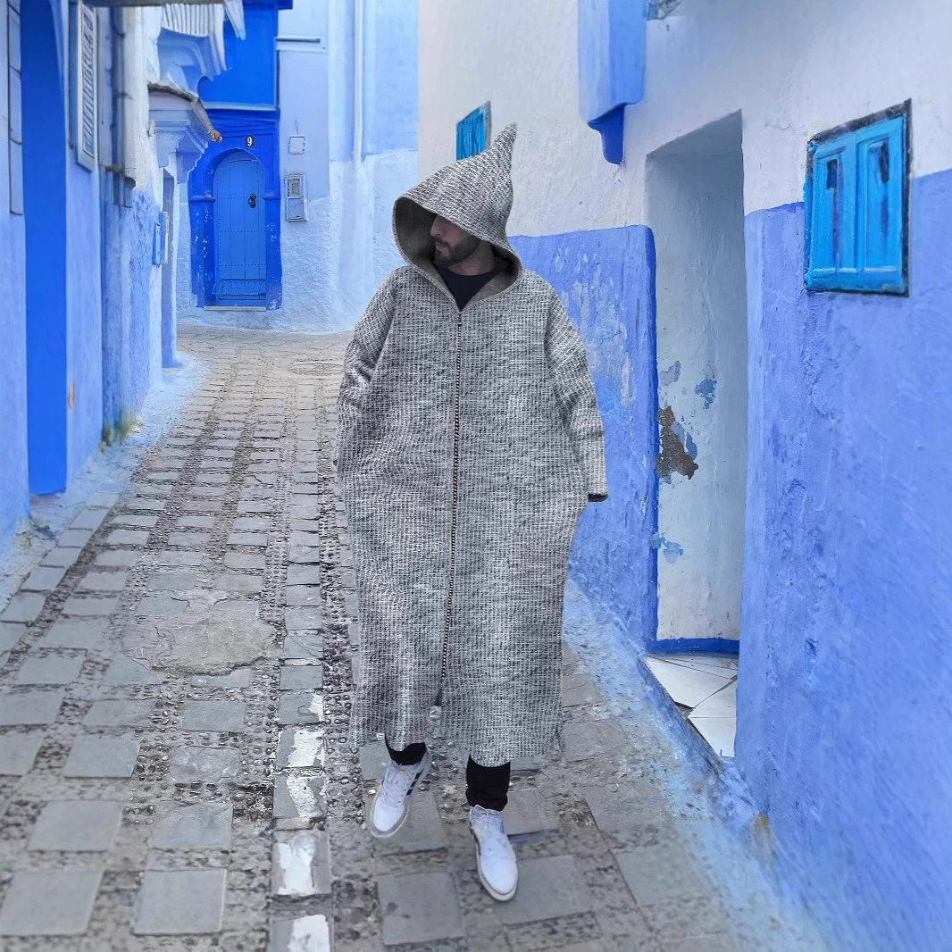 Новая мужская осенне-зимняя халат-кимоно с капюшоном в ближневосточном стиле, арабский кафтан из Дубая с карманами