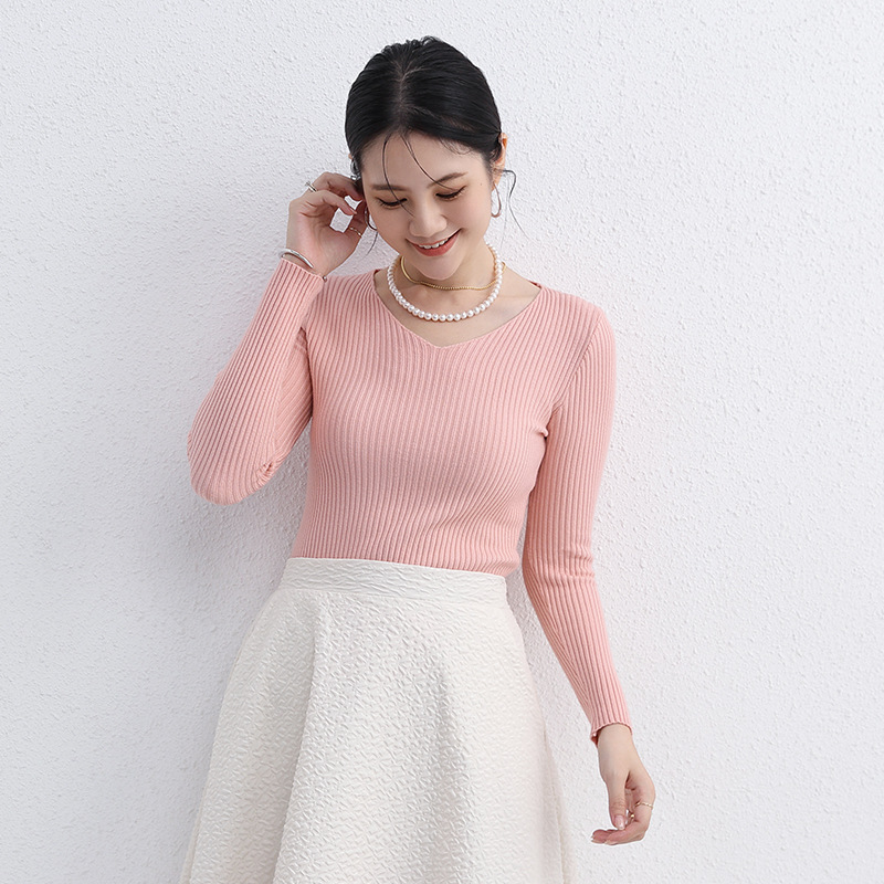 Suéter de las mujeres Otoño e Invierno japonés SLIM-Fit multicolor sin costuras suéter con cuello en V estilo occidental ropa interior de manga larga Top apretado Letian