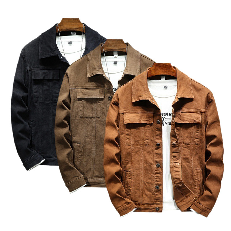 Men's Denim Jacket Slim Fit Cotton Elastic Solid Colour Autumn_voghion.com