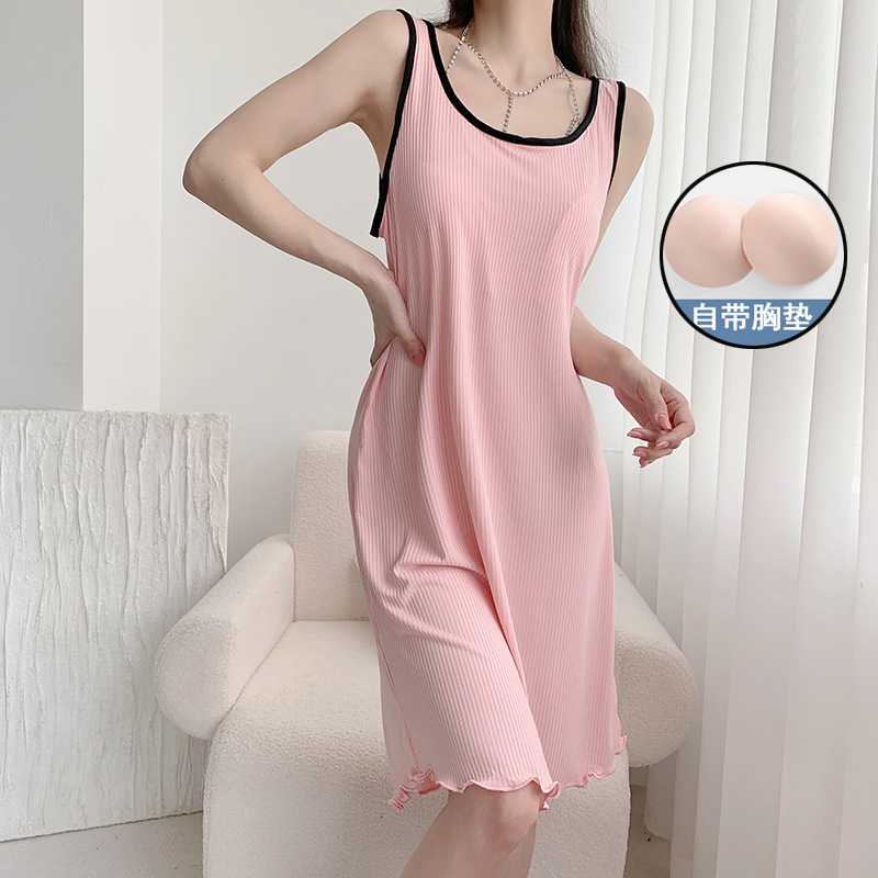 Pijamas de verano con almohadilla en el pecho camisola sexy camisón chica estudiante delgada color sólido flojo dulce desgaste casero