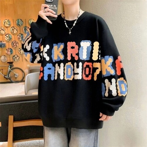 Trendy Stylish American Crew Neck Sweatshirt Men Spring and Autumn Season Youth Heavyweight Color Block Base Layer Top Shirt Lazy Jacket