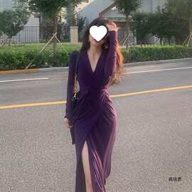 初秋钴紫色连衣裙2026秋季新款系带中长款早秋长袖裙子图片网纱