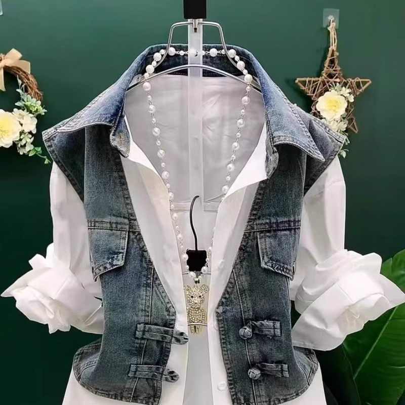 Denim Vest Stitching Shirt Fake Two-Piece Set Women's Fashionable Polo Collar Button Shirt Summer Stylish Button-Up Shirt