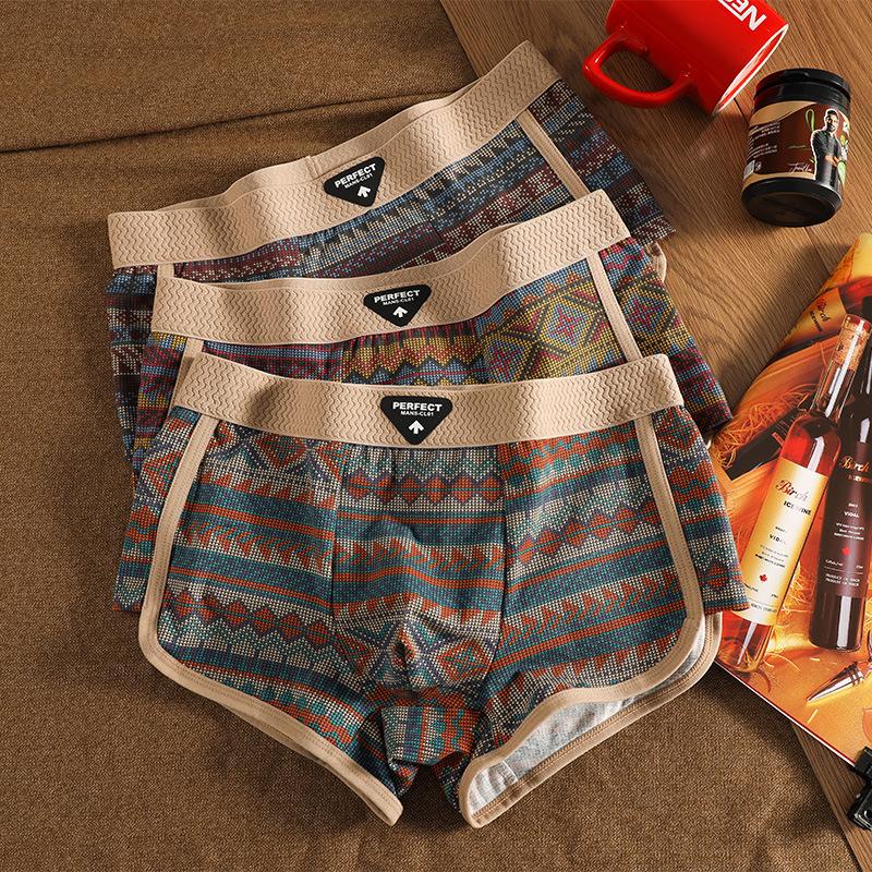 New Men's Underwear Pull-Up Retro Ethnic Style Printed Boxer Briefs Comfortable and Breathable Boxer Shorts Wholesale Dropshipping