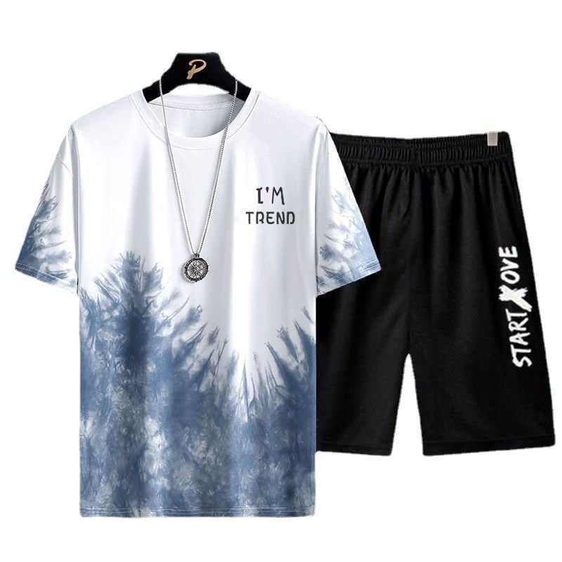 Set nuevo hielo de secado rápido gradiente camiseta de manga corta de hombre pantalones cortos casuales de verano deportivo de dos piezas guapo hombre