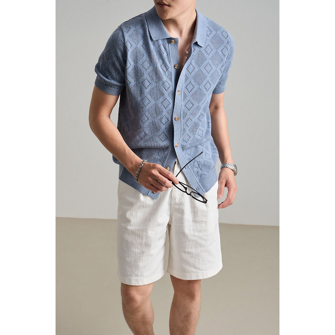 Polo camiseta de punto camiseta de manga corta hombre cardigan cuadrilátero hueco viejo viento de verano fábrica transfronteriza al por mayor