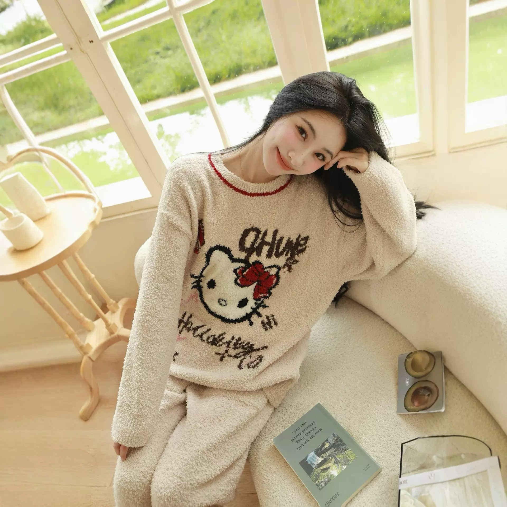 2025新款半边绒凯蒂猫睡衣套装秋冬季可爱少女家居服