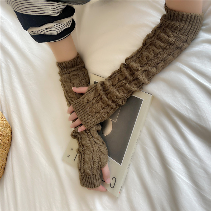 Yifan Autumn and Winter Outdoor Travel Warm Cold-proof Solid Color Twist Long Half-finger Elastic Sleeve Knitted Arm Cover for Women_voghion.com
