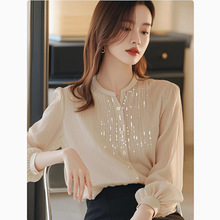 早秋新款洋气别致小衫气质感米色亮片雪纺衬衫上衣女夏季