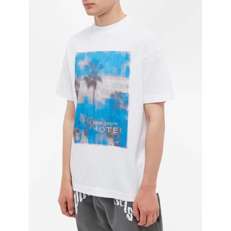 Palm Angels Palm Angel Hand-Painted Graffiti Palm Tree Landscape Print Short-Sleeved European Loose Trendy Brand T-Shirt Summer