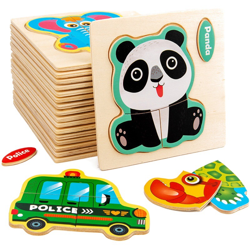 Juguetes educativos de madera para niños de dibujos animados rompecabezas de animales niños pequeños hebilla de madera pequeño rompecabezas bloques de construcción al por mayor