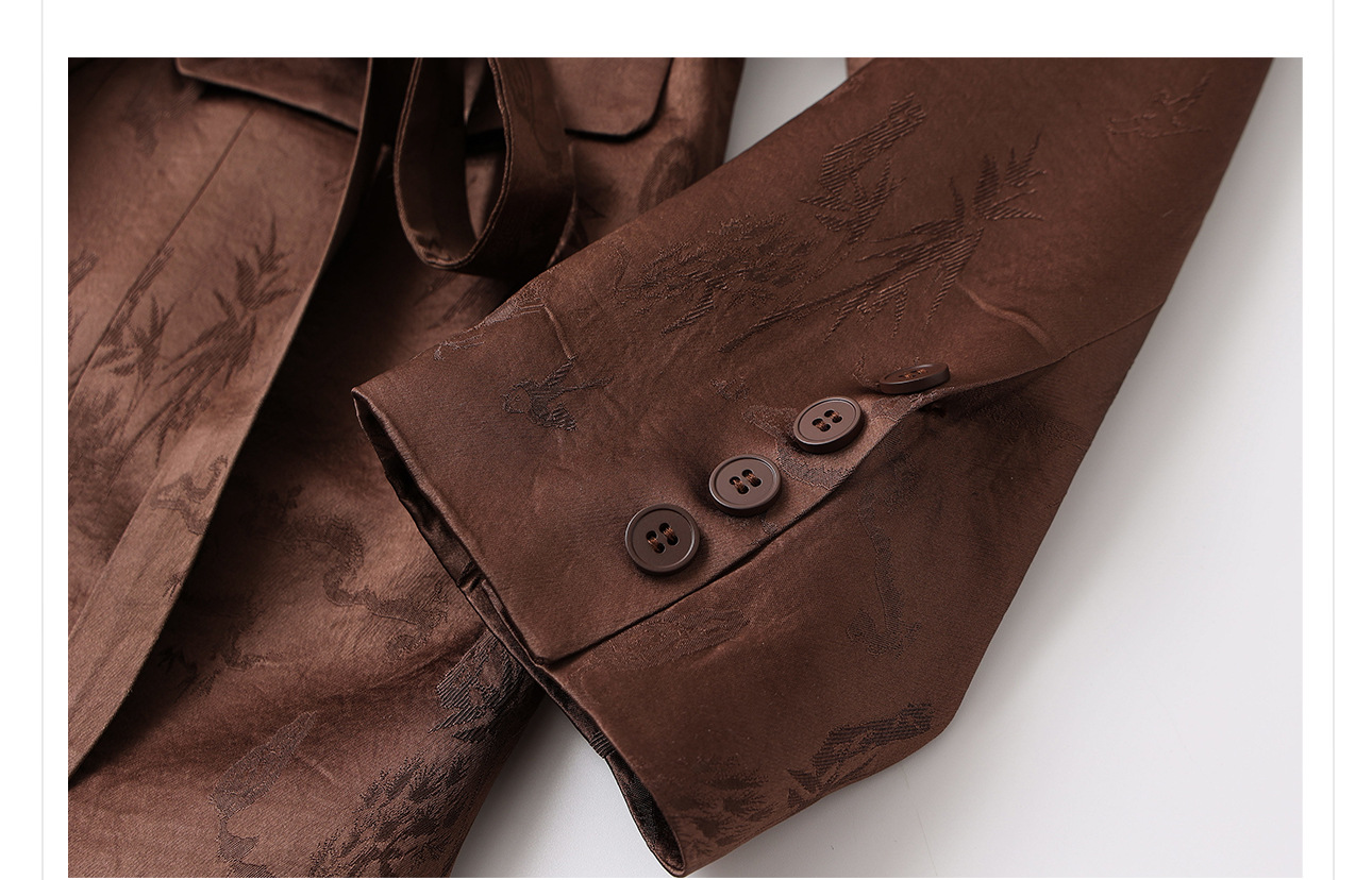 Áo khoác blazer nữ phong cách Trung Hoa cao cấp, chất liệu acetate in họa tiết dân tộc, buộc dây trước — đen, Màu cà phê chi tiết 5