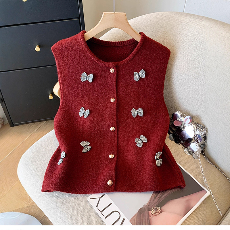 Tweed Style New Year and Christmas Red Bow Knitted Vest for Women, Autumn Style Layered Cardigan Vest Top