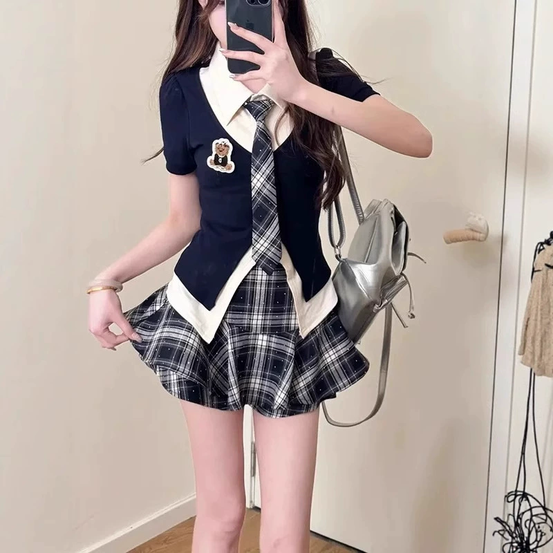Американский ретро-стиль преппи, униформа JK, сексуальный контрастный искусственный топ из двух частей, клетчатая юбка с короткими рукавами, костюм из двух частей