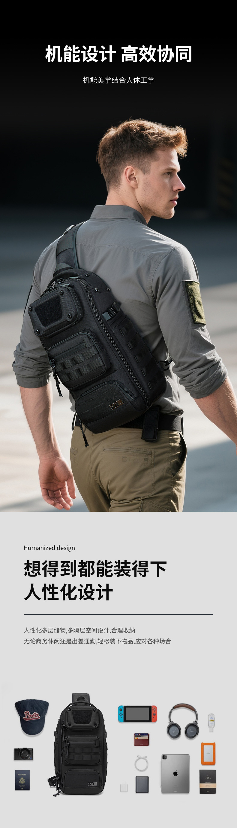 OZUKO Functional Chest Bag Crossbody Bag Expandable Multi-pocket Adjustable Shoulder Strap Men's Outdoor Cycling Single Shoulder Bag