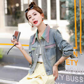 韩版气质时尚百搭大码2025年春秋季新款撞色拼接牛仔单排扣外套女