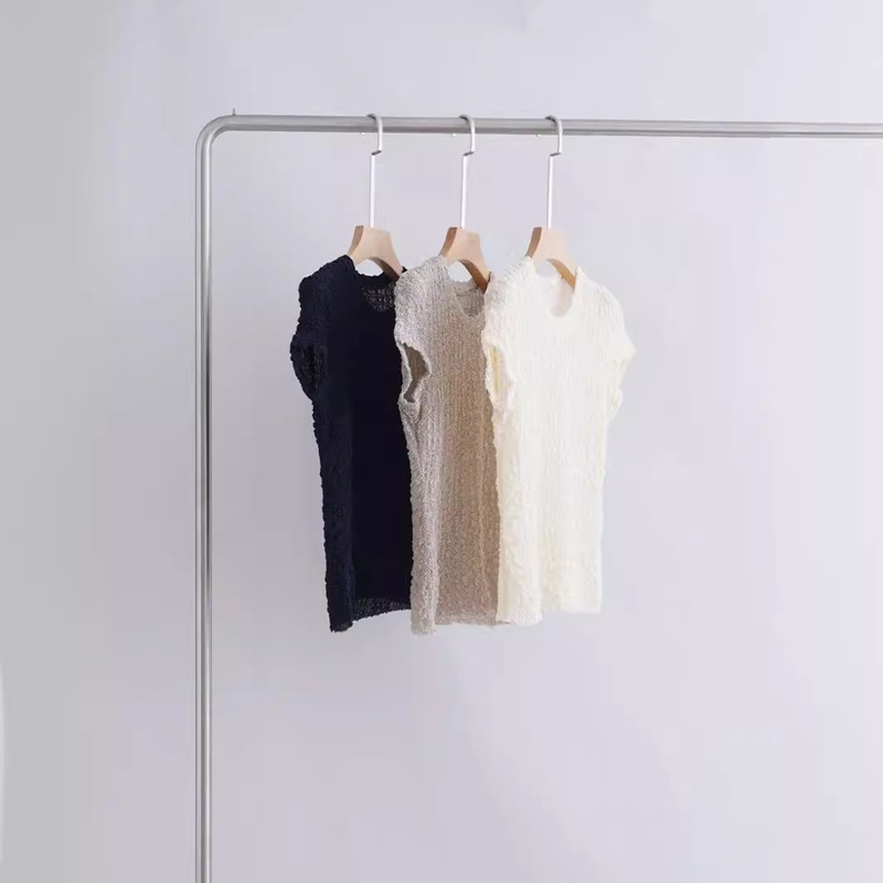 Spot Four-Sided Elastic True-Silk Seersucker Short-Sleeved Top 2024 Summer New Casual Design T-Shirt for Women