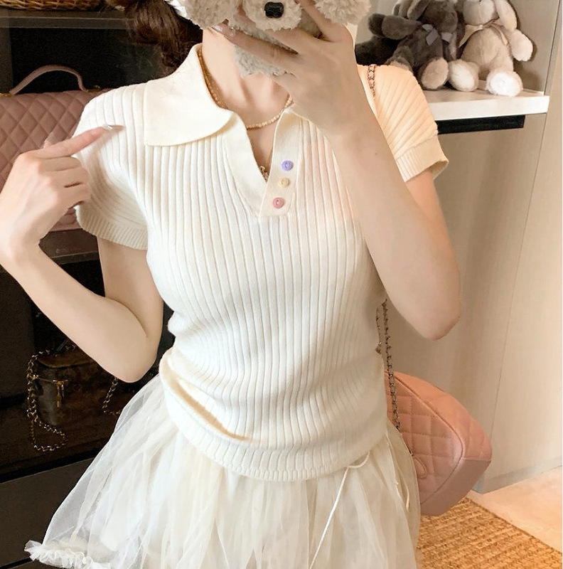 Polo Collar Short-sleeved T-shirt Women's 2025 Summer Design Sense Pleated Short Western Style Knitted Shirt Summer Women's Top