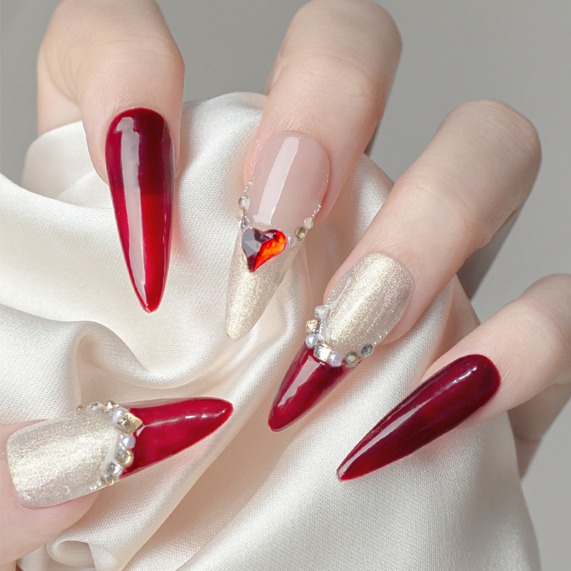 纯手工穿戴甲红宝石美甲片高端猫眼晶石美甲贴片新款指甲贴片分码