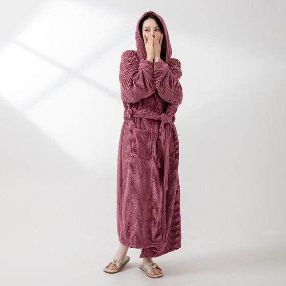 Men's and Women's Couple's Striped Bathrobe Coral Velvet Oversized Hat Water Absorbent Quick-drying Fashionable Simple