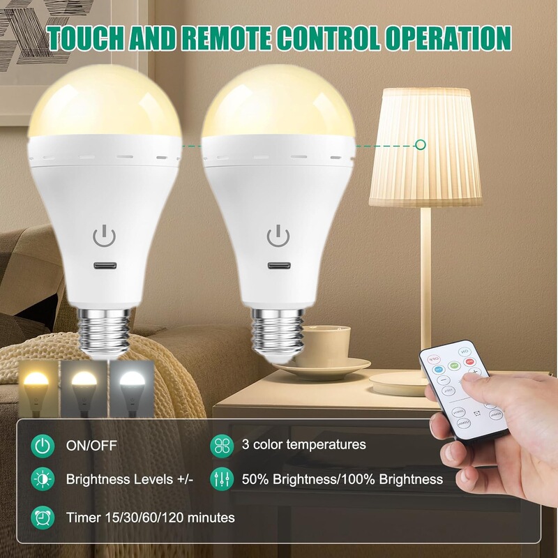 Wireless Charging Light Bulb with Remote Control Led Cordless Battery Powered Light Bulb Dimmable, Suitable for Non-Hard Wiring