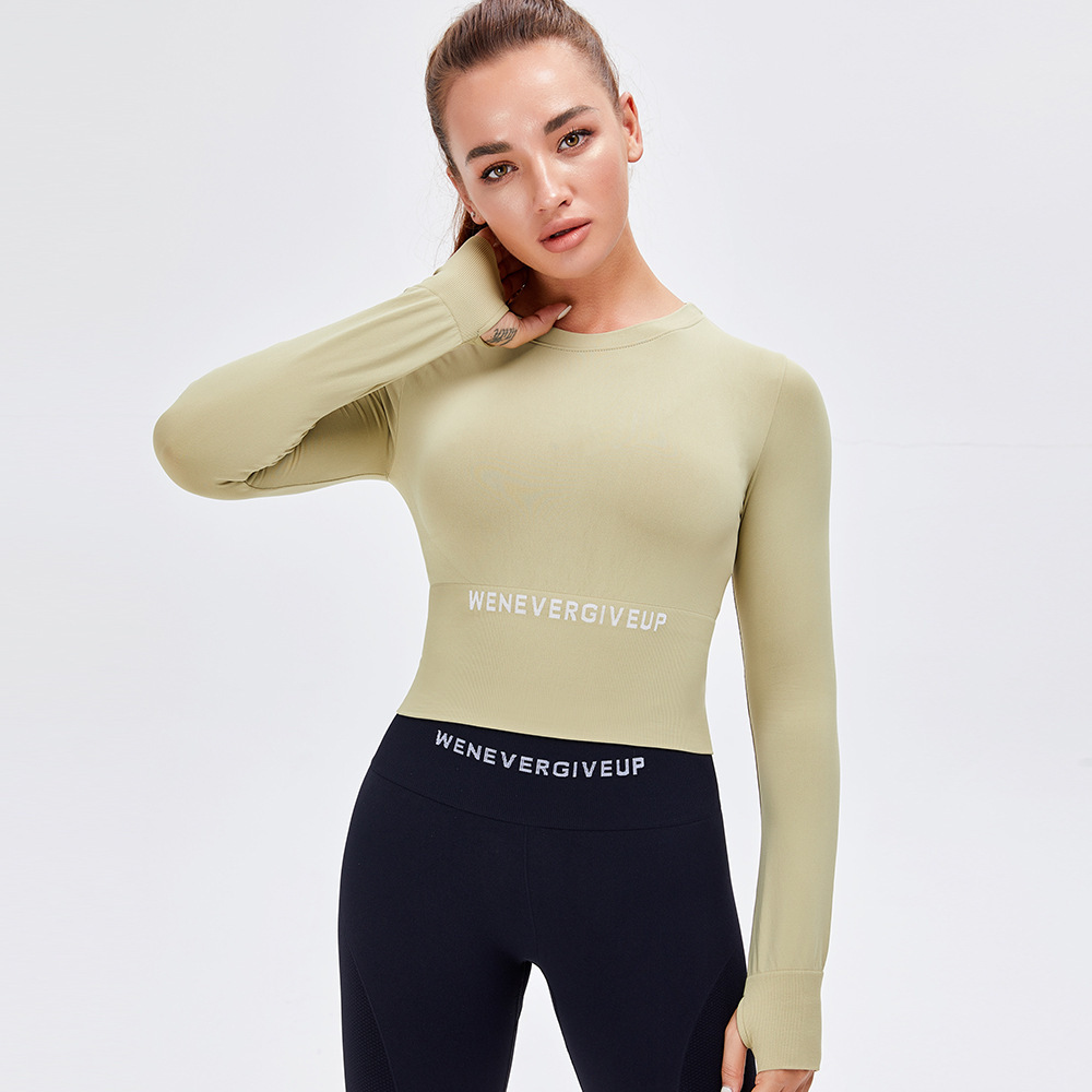 European and American Autumn and Winter New Letter Printed Seamless Yoga Wear Long-Sleeved Sports Tops Women's Tight Nude Fitness Wear
