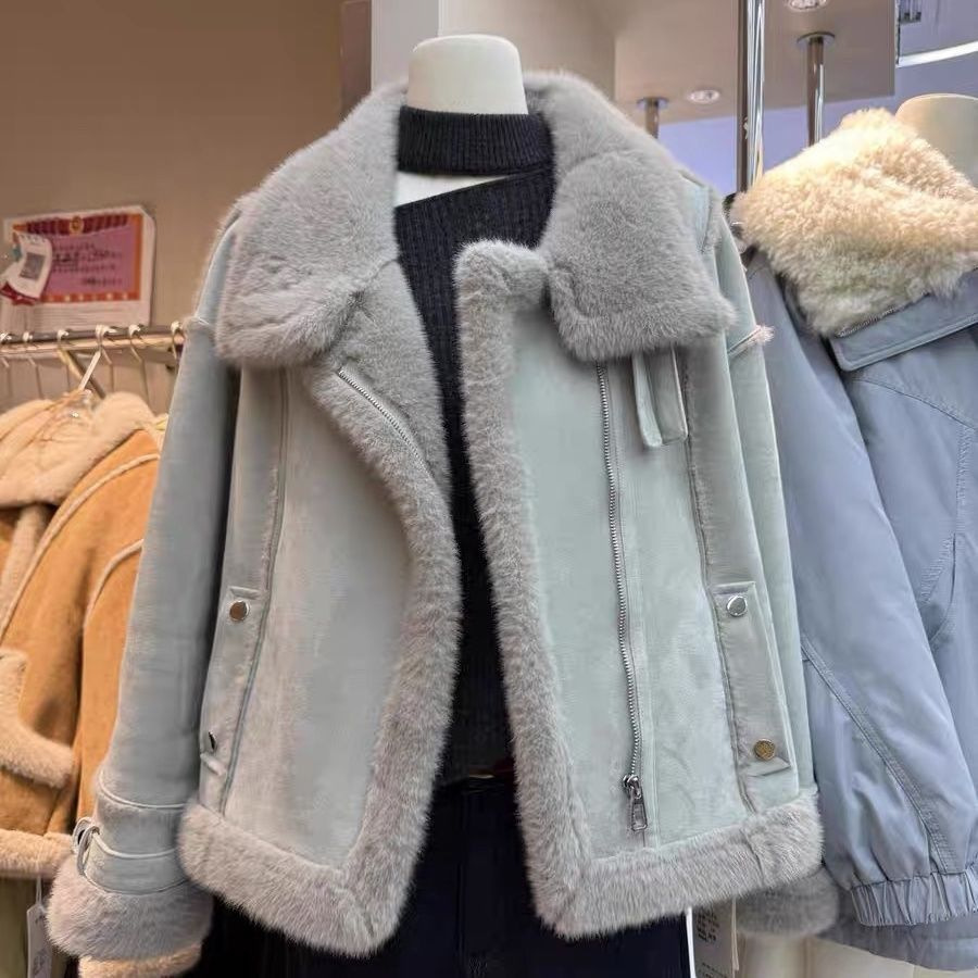 New 2025 Trendy Women's Winter Fleece Motorcycle Jacket with Fur Integrated Lamb Wool New Thickened Women's Coat