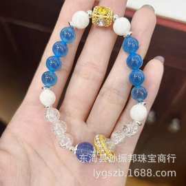 蓝色糖心玛瑙白瓷珠白晶爆花晶跑环蓝药师女手链香灰瓷半糖手串