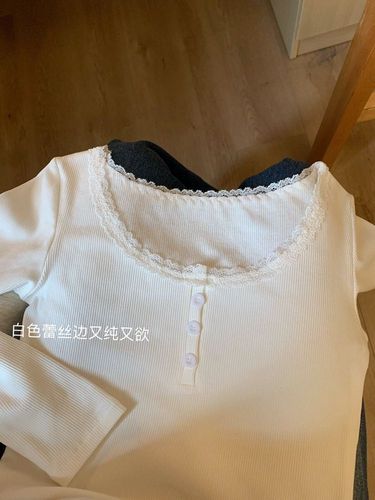 250g Comfort Fleece Lace Splice Button Round Neck T-shirt for Women Long Sleeve Slim Top