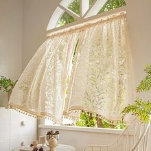 窗帘免打孔门帘法式田园风奶油色花纹纱帘短帘蕾丝镂空半帘隔断帘