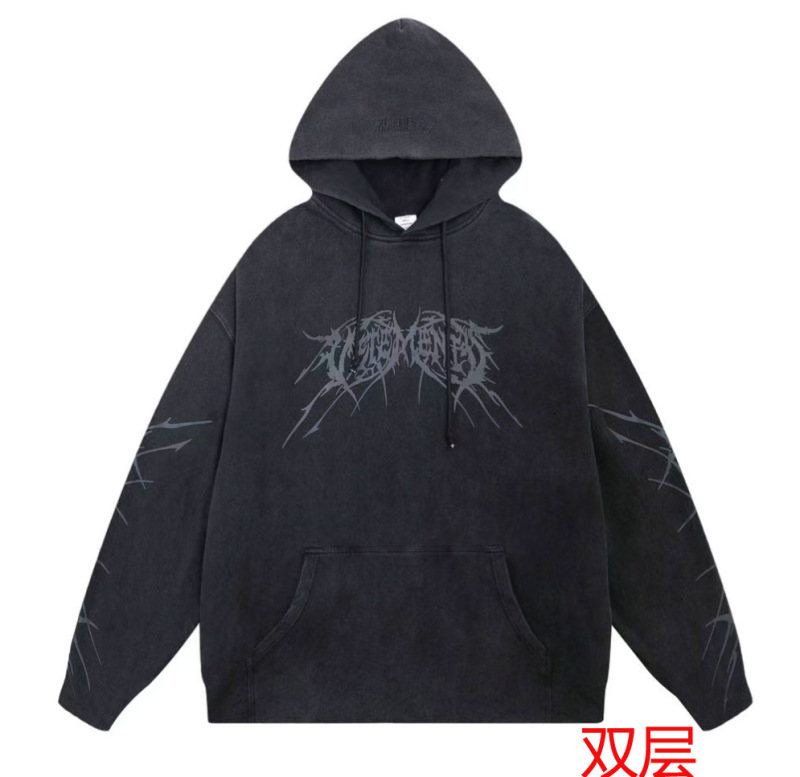 跨境美式潮牌字母LOGO签名水洗做旧磨破OS宽松男情侣拉链帽衫卫衣|undefined