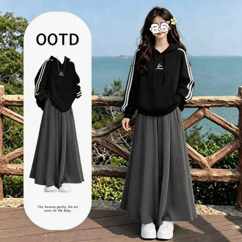 High-fashion Korean style sweatshirt set for women, perfect for early autumn 2026. A super trendy and stylish loose-fitting two-piece long dress.
