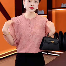 2026新款女装花边圆领夏季时尚印花减龄显瘦优雅套头七分袖小衫