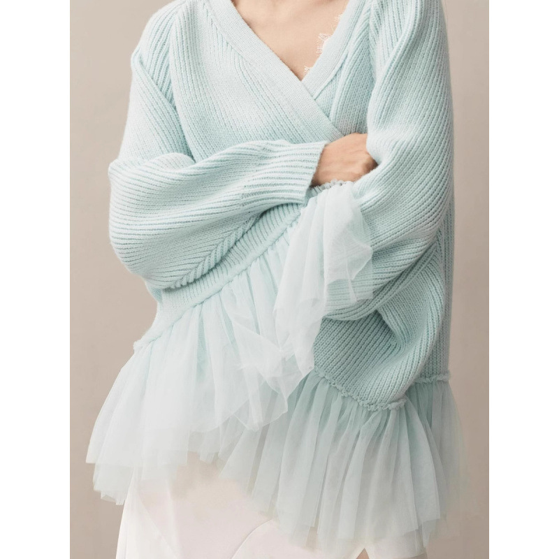 Gilet cardigan à volants en maille pour femme, manches longues, vente en gros_voghion.com