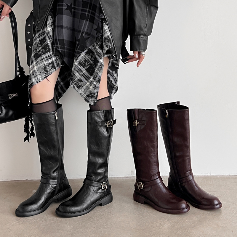 Adjustable Wide Tube Leather Buckle Full Cowhide Stylish Leg-Slimming Riding Boots 2025 Thick Medium Heel Round Toe Genuine Leather High Boots