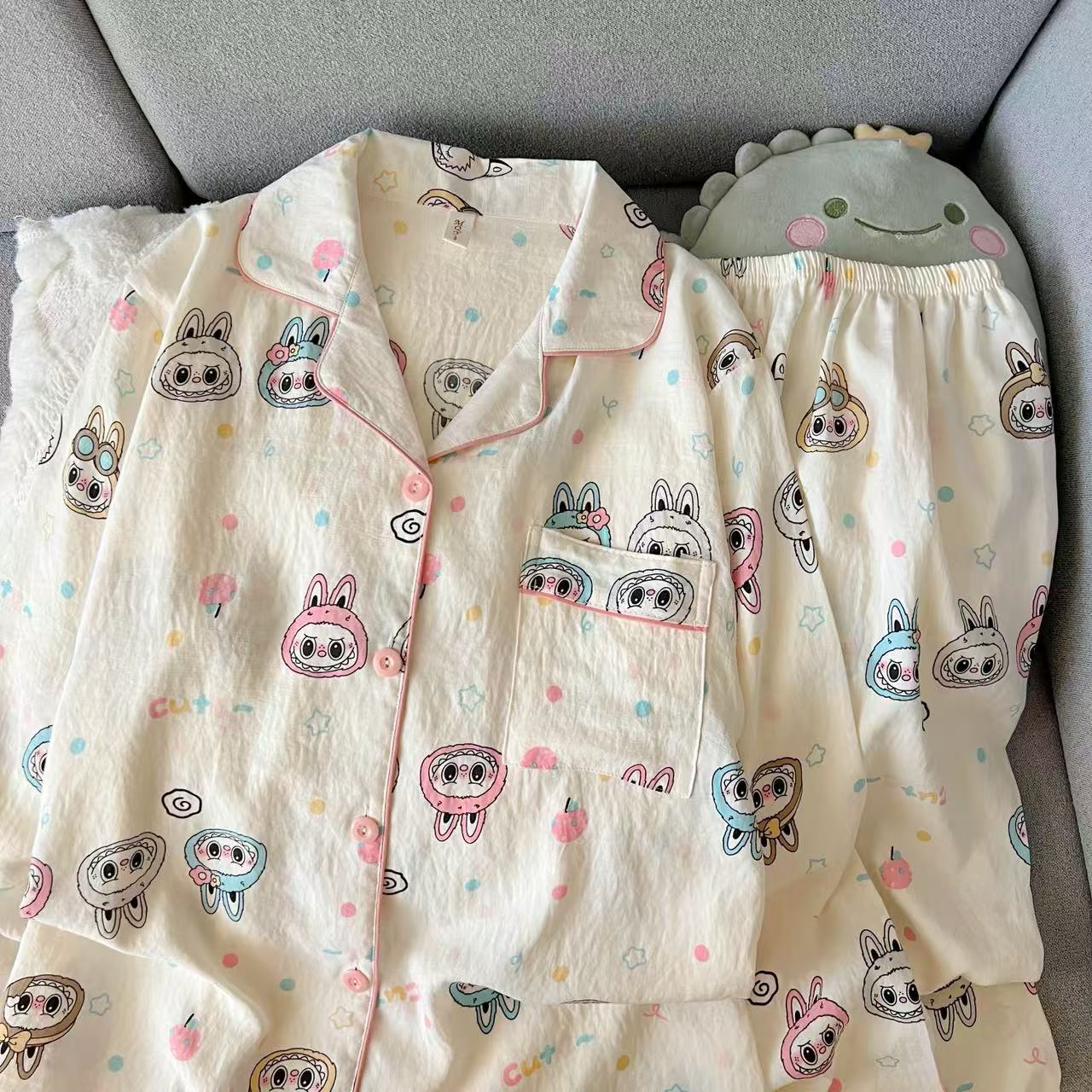 2025 primavera y otoño nubes algodón camiseta de manga larga pijama de mujer encantador dibujos animados en línea viento rojo set de ropa de casa