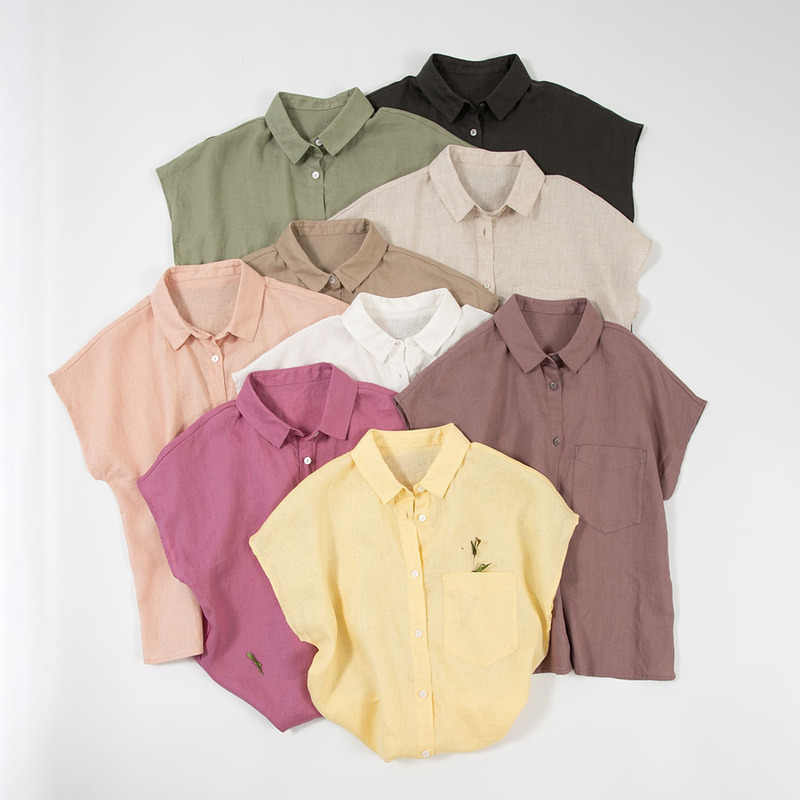 24256 Thin Linen Sleeveless Short-Sleeve Shirt with Turn-Down Collar and Cardigan Style