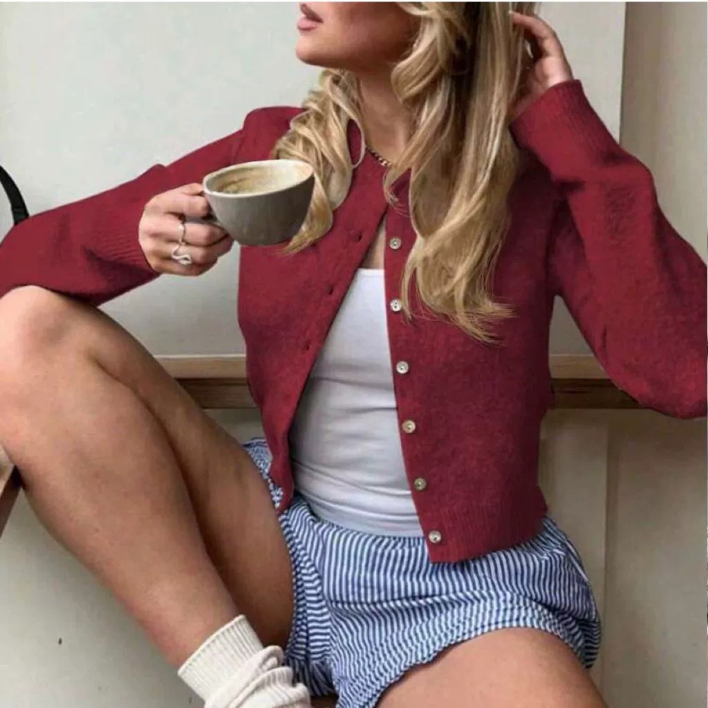 European and American Cross-Border Hot-Selling Soft Single-Breasted Round Neck Knitted Cardigan Women's Pure Color Sweater Jacket Ins Style Top Trendy