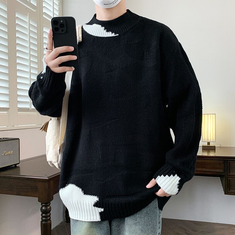 Autumn and winter round-neck thickened sweater, men's casual loose-fit knitted top, new trendy brand, white pullover Autumn and winter round-neck thickened sweater, men's casual loose-fit knitted top, new trendy brand, white pullover
